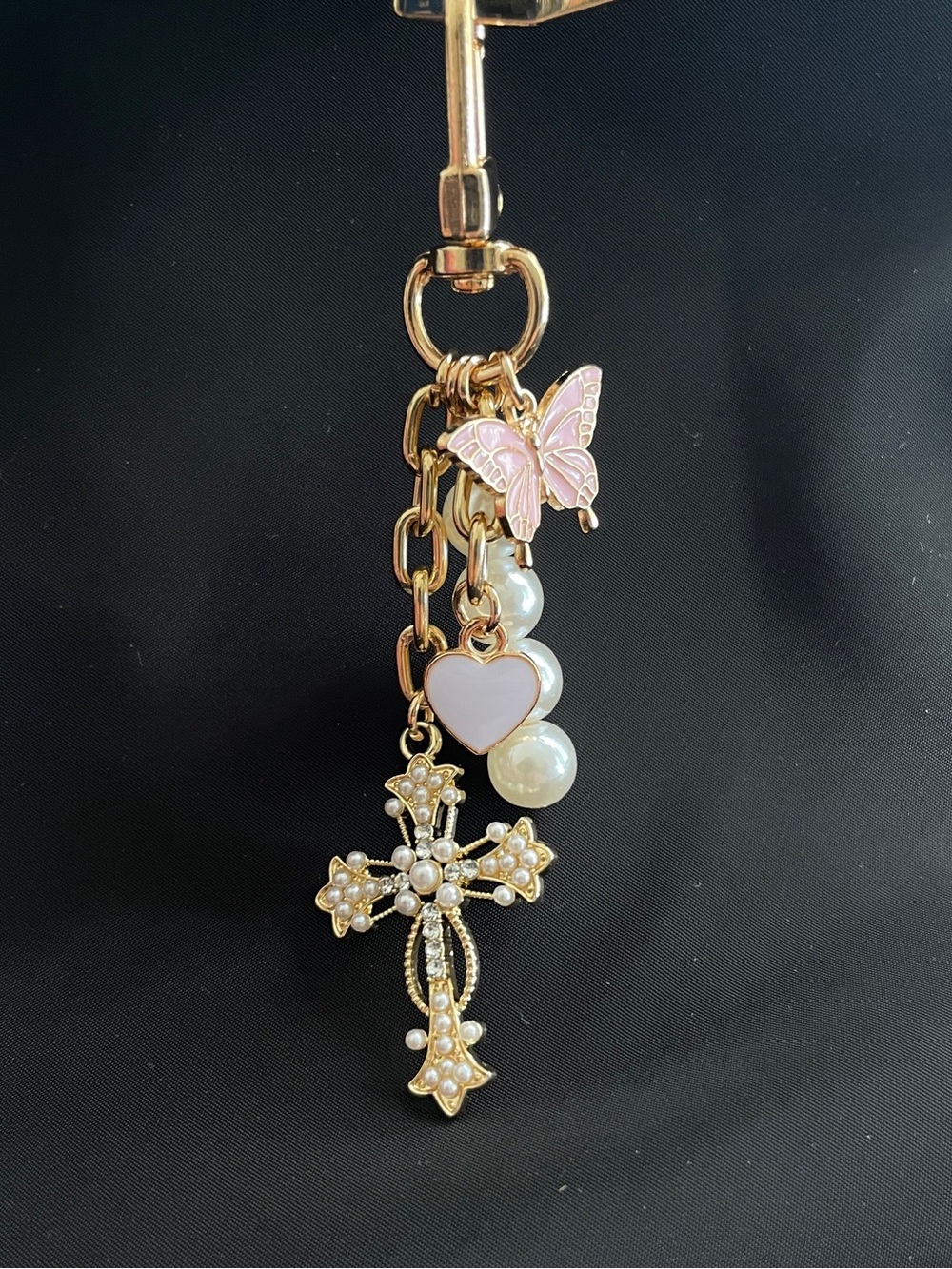 Coquette Pearl‎ Cross Butterfly Heart Keychain Bag Charm Purse Accessory Kawaii